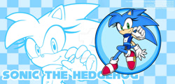 Size: 1292x618 | Tagged: safe, artist:devanarcher101, artist:moesisterson, artist:vedember, sonic the hedgehog, hedgehog, alternate universe, checkered background, crop top, echo background, gender swap, looking at viewer, posing, scarf, shorts, smile, solo, sonic channel wallpaper style