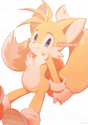 Size: 493x700 | Tagged: dead source, safe, artist:iiimirai, miles "tails" prower, fox, blushing, cute, gloves, hands behind back, holding something, looking at viewer, shoes, simple background, smile, socks, solo, tailabetes, white background