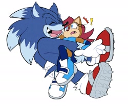 Size: 1920x1600 | Tagged: safe, artist:tiff v, sally acorn, sonic the hedgehog, hugging, laughing, sally x sonic, sally's ringblader outfit, shipping, simple background, straight, werehog, white background