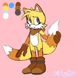 Size: 2000x2000 | Tagged: safe, artist:galaxy-pop, miles "tails" prower, fox, bandana, brown gloves, brown shoes, brown tipped ears, color palette, cute, fur markings, gloves, hair over one eye, holding something, holding tail, looking offscreen, pink background, redesign, shoes, signature, simple background, smile, solo, standing