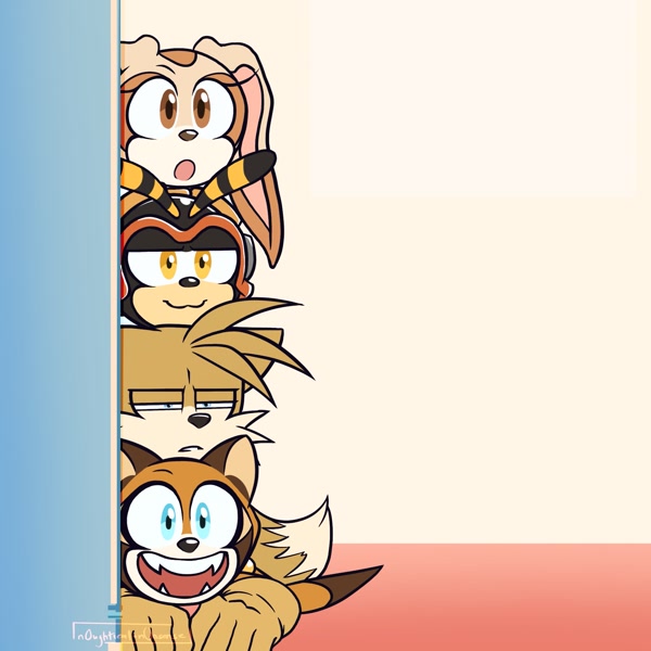 Size: 1955x1956 | Tagged: safe, artist:n0ughtsense, charmy bee, cream the rabbit, marine the raccoon, miles "tails" prower, bee, fox, rabbit, raccoon, :3, featured image, female, frown, looking offscreen, male, mouth open, open smile, quartet, smile, squinting, turning red, watermark