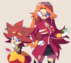 Size: 3248x2880 | Tagged: safe, artist:_nekiis, robotnik, oc, oc:eggette, oc:eggma'am (ciosuii), human, beige background, chaos emerald, gender swap, ojou laugh, simple background