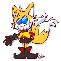 Size: 1200x1200 | Tagged: safe, artist:thegreatrouge, miles "tails" prower, fox, alignment swap, au:tails' amnesia, black gloves, black shoes, boots, classic tails, clenched teeth, collar, evil, evil grin, evil tails, glasses, hand behind back, hand-out, signature, simple background, sketch, solo, standing, white background