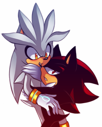 Size: 923x1149 | Tagged: safe, artist:crazyrainbow0, shadow the hedgehog, silver the hedgehog, hedgehog, 2015, blushing, clenched teeth, duo, frown, gay, hugging, lidded eyes, looking at them, looking at viewer, shadow x silver, shipping, simple background, white background