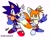 Size: 2084x1554 | Tagged: safe, artist:kirby-popstar, miles "tails" prower, sonic the hedgehog, fox, hedgehog, sonic the ova, blue shoes, blushing, duo, frown, gloves, hand on hip, looking at viewer, looking offscreen, mouth open, pointing, redraw, shoes, simple background, socks, standing, v sign, white background