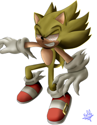 Size: 1024x1317 | Tagged: safe, artist:k3llywolfarts, sonic the hedgehog, hedgehog, buckle, claws, clenched teeth, evil, evil grin, fleetway super sonic, flying, lidded eyes, looking offscreen, signature, simple background, solo, super form, torn gloves, torn socks, transparent background