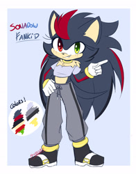 Size: 1600x2045 | Tagged: safe, artist:syrcaii, oc, hedgehog, abstract background, blushing, clenched teeth, color palette, crop top, fankid, gloves, hand on hip, heterochromia, looking at viewer, magical gay spawn, pants, parent:shadow, parent:sonic, parents:sonadow, pointing, shoes, signature, smile, solo, standing, unnamed oc