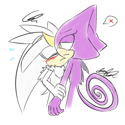 Size: 600x600 | Tagged: safe, artist:icy-cream-24, espio the chameleon, silver the hedgehog, hedgehog, lizard, 2014, attempted kiss, awkward, blushing, chameleon, duo, frown, gay, holding arm, lidded eyes, male, males only, neck fluff, shipping, signature, silvio, simple background, white background