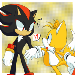 Size: 620x620 | Tagged: safe, artist:mas2a, miles "tails" prower, shadow the hedgehog, fox, hedgehog, abstract background, duo, exclamation mark, gay, holding another's arm, japanese text, looking at them, male, males only, mouth open, question mark, shadow x tails, shipping, standing on one leg, surprised, sweatdrop