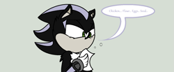 Size: 1331x548 | Tagged: safe, artist:thecarebeargirl, mephiles the dark, hedgehog, sonic the hedgehog (2006), dialogue, green background, male, ms paint, shopping, shopping list, simple background, solo