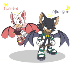 Size: 1280x1280 | Tagged: safe, artist:jesterjane, oc, oc:lumière the bat, oc:midnight the bat, bat, child, duo, fankid, female, male, parent:rouge, parent:shadow, parents:shadouge, siblings, simple background, white background