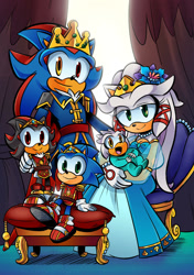 Size: 1500x2125 | Tagged: safe, artist:liyuconberma, shadow the hedgehog, silver the hedgehog, sonic the hedgehog, oc, oc:kaze the hedgehog, oc:sapphire the hedgehog, hedgehog, au:cosium universe, family, female, group, male