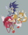 Size: 1370x1672 | Tagged: safe, artist:akaki228777, knuckles the echidna, miles "tails" prower, sonic the hedgehog, echidna, fox, hedgehog, clenched fists, grey background, grin, looking offscreen, sharp teeth, simple background, smile, style emulation, tim burton style