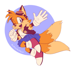 Size: 1600x1529 | Tagged: dead source, safe, artist:survivalstep, miles "tails" prower, fox, abstract background, aviator jacket, badge, female, gender swap, goggles, headcanon, semi-transparent background, skirt, solo, trans female, trans girl tails, trans pride, transgender, waving, wink