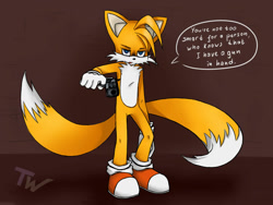 Size: 1024x770 | Tagged: safe, artist:tanyawind, miles "tails" prower, fox, dialogue, evil, evil tails, gloves, gun, holding something, looking at viewer, mouth open, pointing gun at viewer, shoes, signature, socks, solo, speech bubble, standing, talking to viewer, this will end in blood