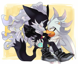 Size: 1024x846 | Tagged: dead source, safe, artist:beadichnoa, infinite the jackal, silver the hedgehog, hedgehog, jackal, sonic forces, abstract background, blushing, carrying them, clenched teeth, duo, gay, lidded eyes, looking at each other, mouth open, shipping, silvinite, smile, standing