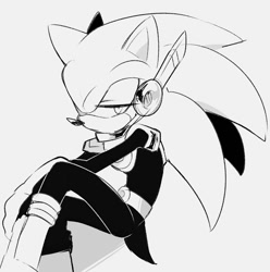 Size: 896x904 | Tagged: safe, artist:holoskas, sonic the hedgehog, zonic the zone cop, hedgehog, belt, boots, frown, grey background, lidded eyes, looking at viewer, simple background, sitting, solo