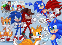 Size: 3145x2263 | Tagged: safe, artist:wizaria, knuckles the echidna, miles "tails" prower, robotnik, sonic the hedgehog, echidna, fox, hedgehog, human, sonic the hedgehog 2 (2022), blue background, group, hat, knuckles' hat, male, males only, simple background