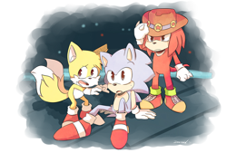 Size: 800x572 | Tagged: safe, artist:dragnoodlez, knuckles the echidna, miles "tails" prower, sonic the hedgehog, echidna, fox, hedgehog, sonic the ova, gloves, hat, knuckles' hat, looking offscreen, mouth open, redraw, semi-transparent background, shoes, sitting, socks, standing, sweatdrop, team sonic, trio, worried