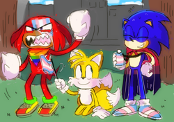 Size: 1280x899 | Tagged: dead source, safe, artist:mykell cube, knuckles the echidna, miles "tails" prower, sonic the hedgehog, echidna, fox, hedgehog, bandana, bisexual pride, building, cape, facepaint, flag, gay pride, grass, kneeling, mouth open, pride, smile, station square, team sonic, trans pride, tree, trio