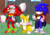 Size: 1280x899 | Tagged: dead source, safe, artist:mykell cube, knuckles the echidna, miles "tails" prower, sonic the hedgehog, echidna, fox, hedgehog, bandana, bisexual pride, building, cape, facepaint, flag, gay pride, grass, kneeling, mouth open, pride, smile, station square, team sonic, trans pride, tree, trio