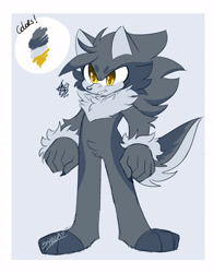 Size: 1600x2045 | Tagged: safe, artist:syrcaii, oc, abstract background, clenched teeth, color palette, grey fur, looking offscreen, neck fluff, redesign, signature, solo, standing, were form, werehog, yellow eyes