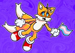 Size: 3200x2258 | Tagged: dead source, safe, artist:ps0yasumi, miles "tails" prower, fox, abstract background, flag, gloves, headcanon, holding something, mid-air, mouth open, shoes, socks, solo, trans male, trans pride, transgender