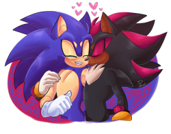 Size: 2160x1695 | Tagged: safe, artist:pickleuwu, shadow the hedgehog, sonic the hedgehog, hedgehog, abstract background, blushing, clenched fist, duo, eyes closed, gloves, hand on shoulder, heart, mouth open, nuzzle, semi-transparent background, shadow x sonic, shipping, signature, smile, standing