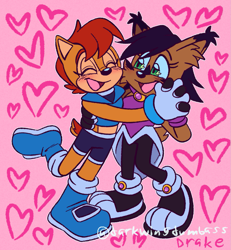 Size: 1135x1227 | Tagged: safe, artist:darkwingdumbass, nicole the hololynx, sally acorn, chipmunk, lynx, blushing, boots, duo, eyes closed, gloves, heart, holding hands, lesbian, looking at them, mouth open, nicole x sally, pink background, shipping, signature, simple background, socks, standing, standing on one leg