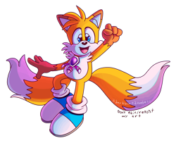 Size: 1928x1565 | Tagged: safe, artist:darkwingdumbass, miles "tails" prower, fox, blue shoes, brown tipped ears, clenched fist, fur markings, gloves off, looking at viewer, mid-air, mouth open, redesign, rhythm badge, shoes, signature, simple background, socks, solo, transparent background