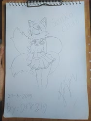 Size: 4160x3120 | Tagged: safe, artist:dfkyhs219, miles "tails" prower, fox, 2020, eyes closed, gender swap, hair over one eye, hair pin, hands behind back, pencilwork, signature, smile, solo, standing, swimsuit, the helpful fox senko-san