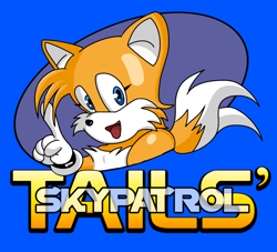 Size: 1316x1195 | Tagged: safe, artist:helifox, miles "tails" prower, fox, 2022, blue background, cute, eyelashes, mouth open, one fang, pointing, redraw, simple background, solo, tailabetes, tails skypatrol, title screen