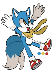 Size: 595x842 | Tagged: safe, artist:anettruby, oc, oc:bradley prower, fox, arms out, color palette, fankid, gloves, looking up, magical gay spawn, mid-air, mouth open, one fang, parent:sonic, parent:tails, parents:sontails, scarf, shoes, signature, simple background, socks, solo, transparent background, two tails, yellow eyes