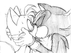 Size: 480x362 | Tagged: artist needed, safe, miles "tails" prower, shadow the hedgehog, fox, hedgehog, blushing, duo, eyes closed, gay, gloves, hand on head, kiss, pencilwork, shadow x tails, shipping, simple background, sweatdrop, white background