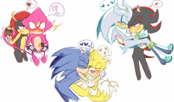 Size: 1024x600 | Tagged: suggestive, artist:kirsa-w, espio the chameleon, mighty the armadillo, miles "tails" prower, shadow the hedgehog, silver the hedgehog, sonic the hedgehog, armadillo, fox, hedgehog, 2017, blushing, boots, carrying them, chameleon, cute, exclamation mark, gay, gloves, group, heart, kiss on cheek, mightio, pulling, shadow x silver, shipping, simple background, sonic x tails, standing, surprised, white background