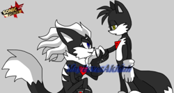 Size: 400x215 | Tagged: safe, artist:maylovesakidah, infinite the jackal, miles "tails" prower, fox, jackal, sonic forces, alternate universe, crack shipping, duo, gay, gloves, grey background, holding hands, infinite tails, kneeling, lidded eyes, neck fluff, phantom ruby, shipping, simple background, standing, tailfinite