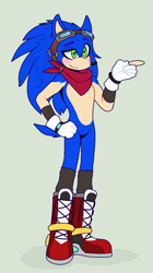 Size: 752x1340 | Tagged: safe, artist:monstrouslupus, artist:w0lfieskullz, sonic the hedgehog, hedgehog, bandana, boots, bracelet, gloves, goggles, green background, hand on hip, long socks, pointing, raised eyebrow, redesign, simple background, smile, socks, solo, standing