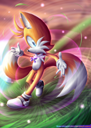 Size: 2894x4093 | Tagged: safe, artist:harddanx, miles "tails" prower, fox, sonic adventure, grass, jet anklet, lineless, looking at viewer, no outlines, rhythm badge, running, solo, spinning tails