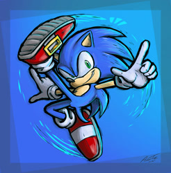 Size: 1280x1301 | Tagged: safe, artist:annitart, sonic the hedgehog, hedgehog, abstract background, clenched teeth, leg up, looking at viewer, male, pointing, posing, signature, smile, solo