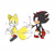 Size: 600x562 | Tagged: safe, artist:mas2a, miles "tails" prower, shadow the hedgehog, fox, hedgehog, duo, exclamation mark, fluffy, frown, gay, holding tail, japanese text, looking at them, male, males only, mouth open, shadow x tails, shipping, simple background, sitting, surprised, white background