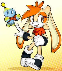 Size: 1024x1166 | Tagged: safe, artist:quiickyfoxy, cheese (chao), cream the rabbit, chao, rabbit, abstract background, aged up, black shoes, bowtie, clenched fist, flying, gloves, gradient background, hoodie, looking offscreen, modern style, mouth open, neutral chao, shoes, socks, solo, white tipped shoes