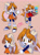 Size: 1600x2163 | Tagged: safe, artist:candicindy, cheese (chao), cream the rabbit, chao, rabbit, aged up, arms folded, baking, baking tray, beige background, bowtie, duo, eye clipping through hair, eyes closed, flying, frown, gloves, holding something, large ears, looking ahead, looking back, looking offscreen, looking up, mouth open, neutral chao, older cream, open smile, pointing, signature, simple background, smile, standing, standing on one leg
