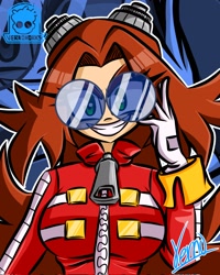 Size: 1638x2048 | Tagged: safe, artist:vernoworks, robotnik, oc, oc:eggma'am (ciosuii), human, adjusting glasses, gender swap, glasses, grin, looking at viewer, solo