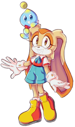 Size: 954x1611 | Tagged: dead source, safe, artist:aatroxvaux, cheese (chao), cream the rabbit, chao, rabbit, gloves, looking at viewer, mouth open, neutral chao, redesign, shoes, shorts, simple background, socks, solo, standing, transparent background