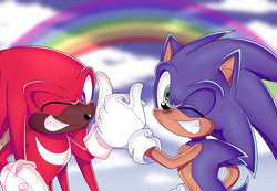 Size: 1155x797 | Tagged: dead source, safe, artist:aatroxvaux, knuckles the echidna, sonic the hedgehog, echidna, hedgehog, clenched teeth, clouds, double thumbs up, duo, gloves, looking at viewer, rainbow, redraw, smile, sonic x, wink