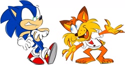 Size: 1422x742 | Tagged: safe, artist:ambattii, sonic the hedgehog, hedgehog, bending over, bobcat, bubsy bobcat, clenched teeth, crossover, duo, exclamation mark, fangs, looking at each other, male, males only, meme, simple background, walking, white background