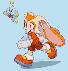 Size: 972x1011 | Tagged: safe, artist:survivalstep, cheese (chao), cream the rabbit, chao, rabbit, blue background, blushing, bowtie, duo, gloves, looking ahead, mouth open, running, shirt, shoes, shorts, simple background, socks, star (symbol), trans boy cream, trans male, transgender