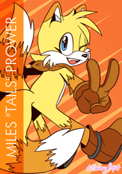 Size: 2100x3000 | Tagged: safe, artist:galaxy-pop, miles "tails" prower, fox, abstract background, bandana, brown gloves, brown shoes, brown tipped ears, fur markings, looking at viewer, looking back, male, one fang, poster, redesign, signature, solo, v sign, wink