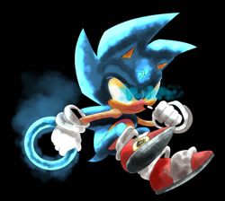 Size: 1024x916 | Tagged: safe, artist:chaosyrups, sonic the hedgehog, hedgehog, au:spirits of the three rings, black background, clenched fist, flying, frown, gloves, glowing eyes, holding something, looking ahead, male, ring, shoes, simple background, solo