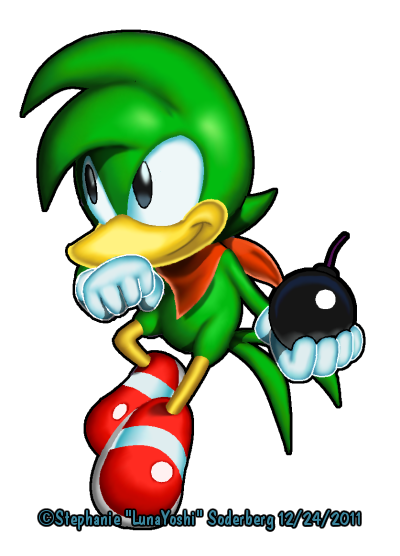 Size: 400x556 | Tagged: safe, artist:lululunabuna, bean the dynamite, bird, bandana, bomb, classic style, clenched fist, faux 3d, featured image, gloves, holding something, looking offscreen, shoes, simple background, smile, solo, transparent background